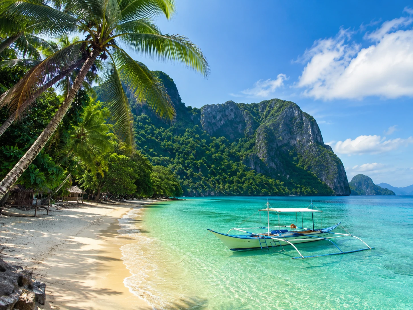 Playa tropical de Filipinas con barca y montanas al fondo