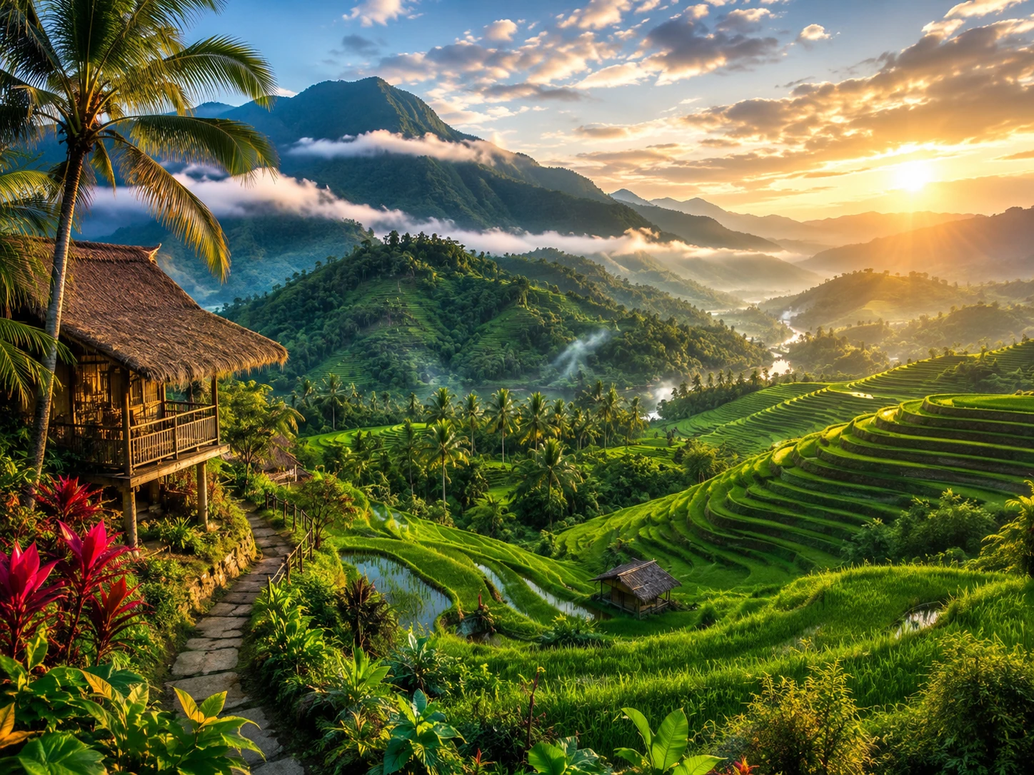 Terrazas verdes de arroz en las montanas de Filipinas al amanecer
